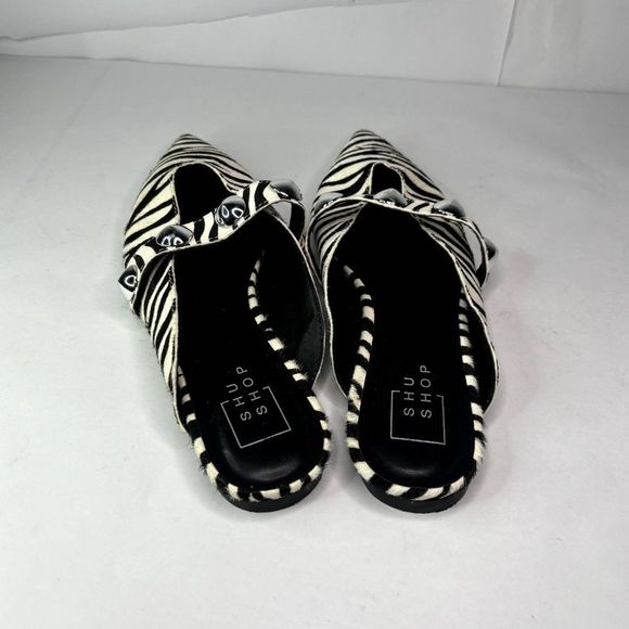 Shu Shop Alma Leather Zebra Hair Mules Ballerina Silver Pointed Toe Womens - Picture 7 of 10